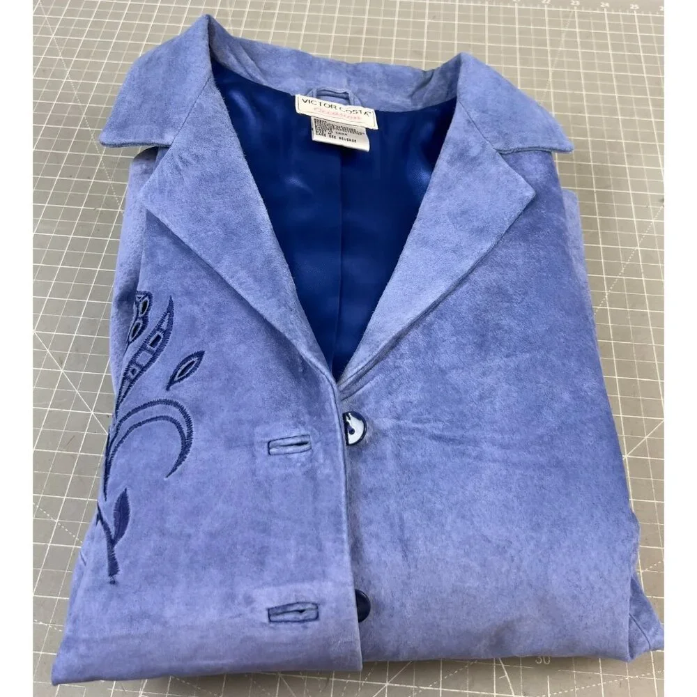 Victor COSTA "Occasion" Women's Leather Jacket Sz. M Embroidered Cut Out BLUE - Picture 3 of 11